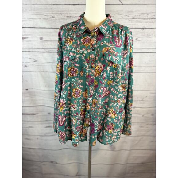 Sundance Floral Joy Button Up Shirt Womens XL Teal Floral Long Sleeve - Picture 1 of 7